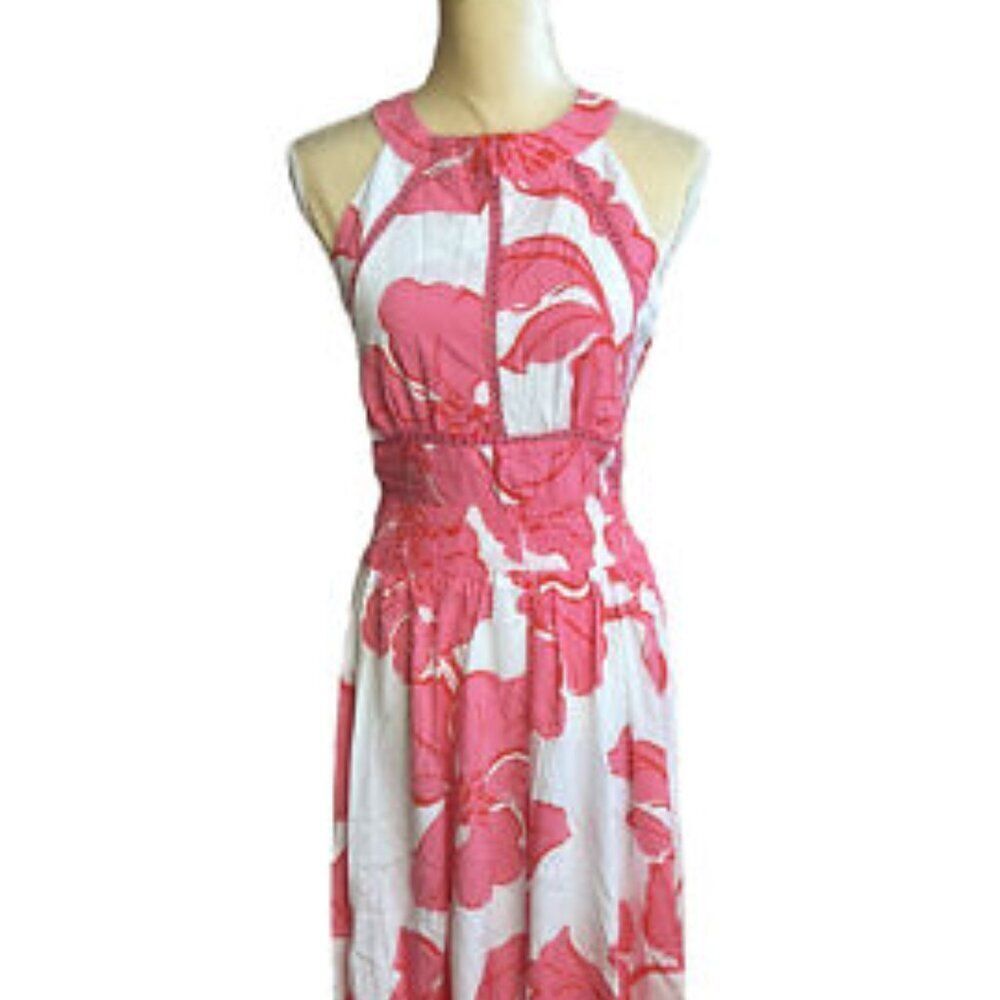 Abel the Label Anthropologie Pink/White Paloma High neck Maxi dress, size L
